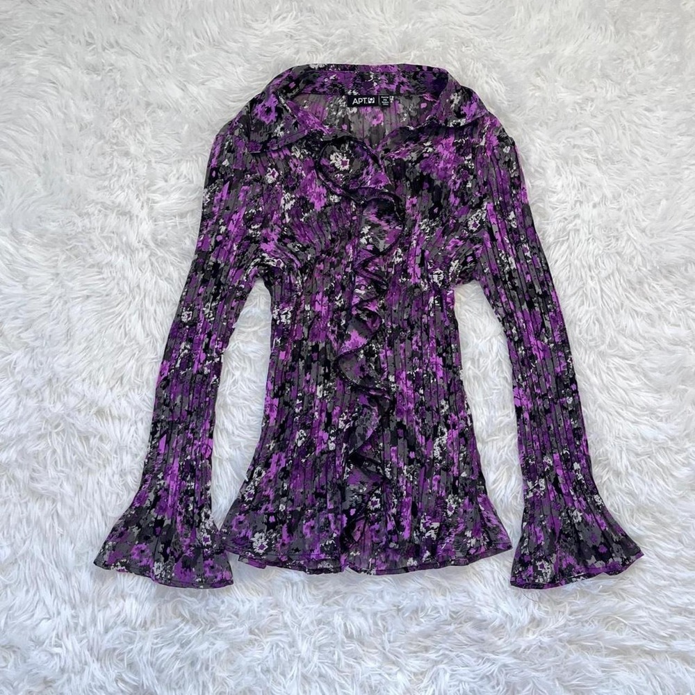 y2k purple button up ruffle bell sleeve semi sheer top‎ small